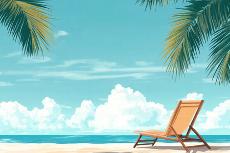 A lounge chair sits on a sandy beach surrounded by palm trees, offering a perfect spot to relax under a bright blue sky.の素材