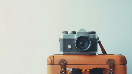 Classic camera rests on a stylish suitcase alongside trendy sunglasses, capturing the spirit of adventure and travel during bright daylight.の素材