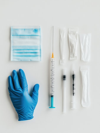 Various medical supplies for vaccinations are neatly arranged, including a syringe, gloves, and protective materials for safety.の素材