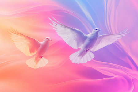 Two white doves soar effortlessly amidst a vibrant, swirling mixture of soft pastel colors, capturing a moment of tranquility.の素材