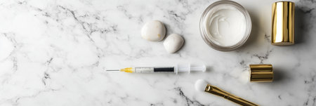 Skincare essentials arranged on a marble surface include a jar of cream, a syringe, stones, and a brush for application.の素材