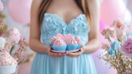A woman in a blue dress presents brightly colored cupcakes at a festive gathering adorned with flowers and balloons.の素材