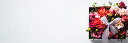 A beautiful arrangement of pink, red, and orange blooms is elegantly placed in a gift box tied with a ribbon, ready for gifting.の素材