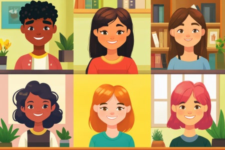 A vibrant gathering unfolds as friends celebrate their connection through a virtual call, sharing smiles and laughter from different locations.の素材