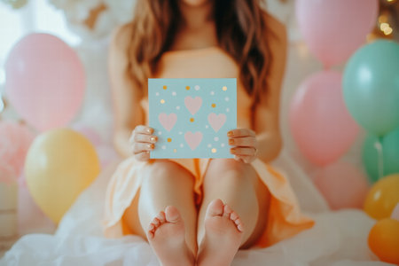 A person sits on a bed surrounded by colorful balloons, holding a decorated card with hearts, enjoying a festive moment.の素材