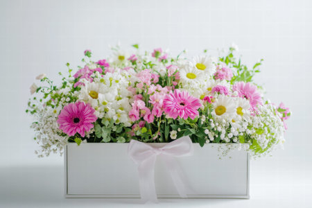 A beautiful assortment of pink and white flowers in a white box arranged elegantly, perfect for spring decor or special occasions.の素材