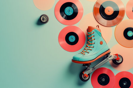 A bright blue roller skate with orange laces rests on a pastel teal surface, surrounded by pink and black vinyl records, evoking nostalgia.の素材