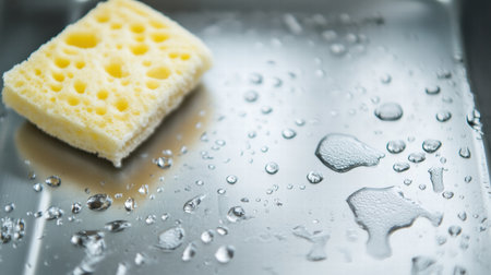 A yellow cleaning sponge is placed on a shiny metal tray with small droplets of water around it, indicating recent use in the kitchen.の素材