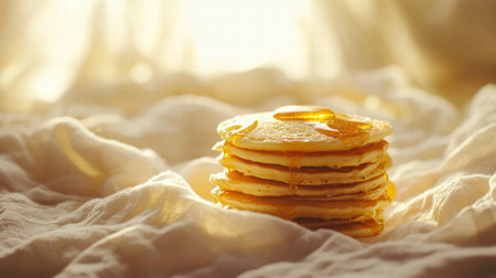 A tall stack of golden pancakes is topped with a generous drizzle of honey, resting on a white cloth under soft natural light.の素材