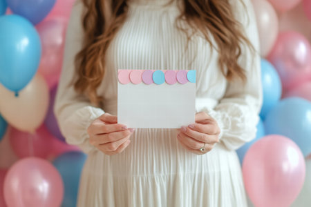 A woman in a white dress holds a handmade invitation card with pastel decorations, surrounded by a backdrop of pink and blue balloons.の素材