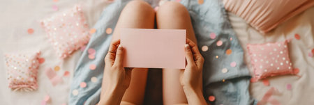 Person sits comfortably on a bed, holding a blank pink card, surrounded by colorful confetti and decorative cushions, creating a cheerful atmosphere.の素材
