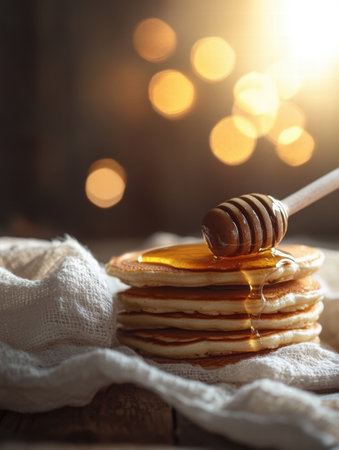 Fluffy pancakes are artfully stacked and topped with a generous drizzle of honey, shining in soft golden light, creating an inviting ambiance.の素材