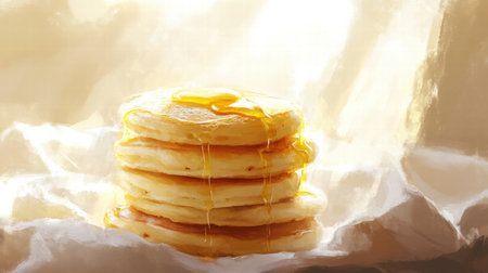 A stack of fluffy pancakes sits drizzled with warm syrup against a soft, glowing backdrop, creating a cozy morning atmosphere.の素材