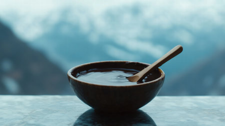 A rich chocolate drink sits in a wooden bowl, with a spoon resting inside, as misty mountains create a serene backdrop in the morning light.の素材