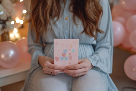 A woman in a light blue dress sits peacefully, holding a heart themed card surrounded by pink balloons and warm decorations.の素材