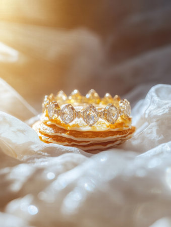 A stunning golden crown with sparkling jewels sits elegantly on soft, white fabric, illuminated by warm morning light.の素材