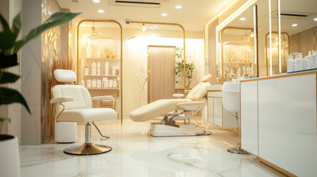 Spacious salon features sleek design, inviting treatment chairs, and soft lighting, creating a relaxing environment for clients.の素材