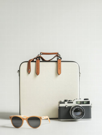 Sunglasses sit beside a stylish suitcase and an old fashioned camera, capturing the essence of travel and adventure on a bright day.の素材