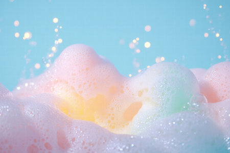 Colorful foam in soft pastel shades fills the frame, creating a serene and comforting vibe, perfect for relaxation and self care.の素材