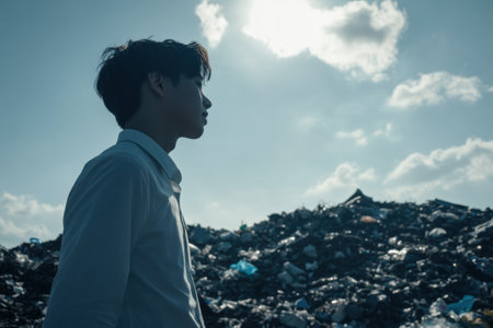 A person stands in profile near a large mound of plastic waste, reflecting on the pressing issue of pollution and waste management.の素材