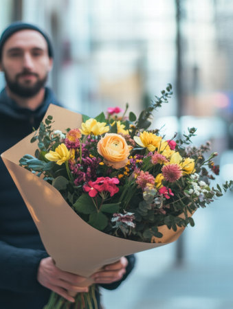 A courier in a neat uniform holds a vibrant bouquet of flowers while standing on a bustling city street in the afternoon light.の素材