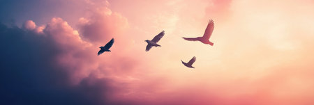 A group of birds soars through the sky as the sun sets, casting a warm glow over the colorful clouds in the background.の素材