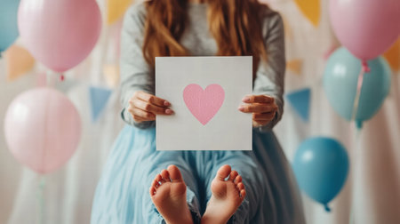 A person sitting on the floor displays a card with a pink heart design while surrounded by colorful balloons at a festive gathering.の素材