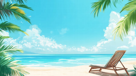 A serene beach with soft sand is complemented by a single lounge chair and vibrant palm trees under a bright blue sky.の素材