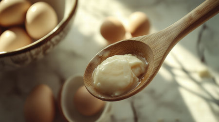 A wooden spoon holds a dollop of creamy spread while fresh eggs are arranged nearby on a kitchen countertop in natural light.の素材