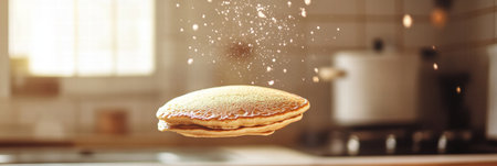 A fluffy pancake is caught mid air in a cozy kitchen, with sunlight illuminating particles of flour around it, creating a playful atmosphere.の素材