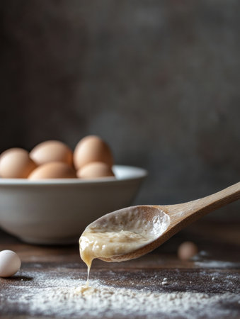 A wooden spoon dripping with dough sits on a rustic table beside a bowl of fresh eggs, showing the essence of homemade cooking.の素材