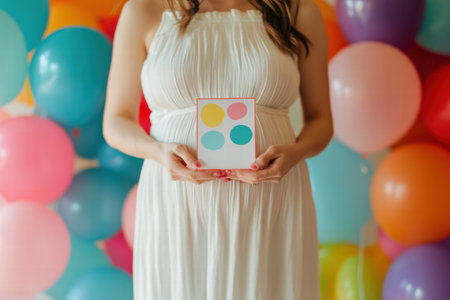A joyful expectant mother stands in front of a colorful backdrop of balloons, showcasing a playful card with pastel circles.の素材