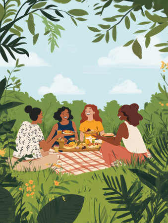 Four friends sit on a blanket in a vibrant green park enjoying a picnic filled with delicious food and joyful conversation.の素材