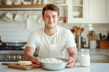 A young man holds a bowl of dough while smiling, surrounded by kitchen tools and ingredients in a bright, modern kitchen atmosphere.の素材