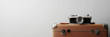 A classic camera sits on top of a worn suitcase, evoking memories of travel adventures and capturing timeless moments in a stylish setting.の素材