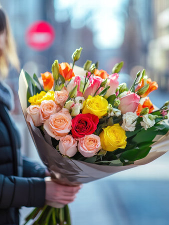 A courier in a neat uniform joyfully presents a stunning bouquet of fresh flowers while surrounded by an urban environment.の素材