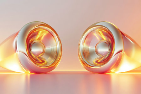 Two sleek 3D speakers emit colorful light waves, showing their innovative design and creating a dynamic atmosphere in the room.の素材