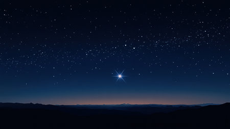 A peaceful twilight view reveals a vast sky filled with twinkling stars over a serene mountain range, showcasing a bright star at the center.の素材