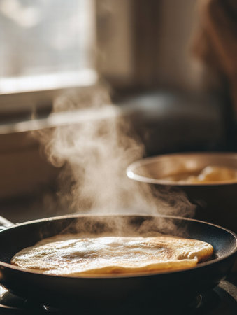 A fluffy omelette cooks in a pan on a stove, releasing steam while another dish simmers nearby, creating a comforting kitchen atmosphere.の素材