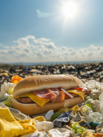 Plastic waste accumulates in a landfill with a hot dog sitting amidst the debris, highlighted by a clear sky and bright sunlight.の素材