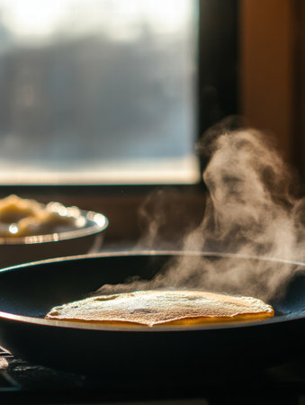 A steaming tortilla is being cooked in a skillet on a stove, with soft morning light streaming through a window nearby.の素材