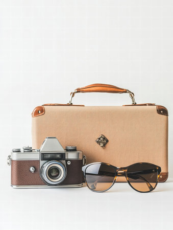 A retro camera and vintage sunglasses are arranged next to a stylish leather travel case, showing a timeless travel vibe.の素材