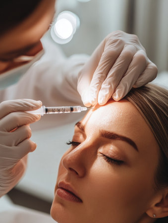 A practitioner administers a cosmetic injection to a womans forehead in a bright, clean clinical space focused on enhancing beauty.の素材