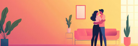 A loving couple shares a warm embrace in their stylish living room filled with indoor plants and soft, inviting colors.の素材