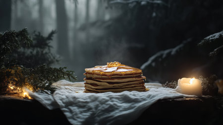 Golden pancakes are stacked high on a white cloth in a serene forest setting at night, illuminated by soft candlelight and surrounded by nature.の素材