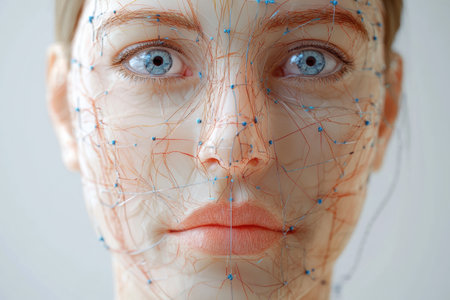 Illustration showcases a female face featuring marked Botox injection points and intricate details of facial anatomy for educational purposes.の素材