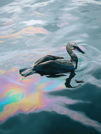 An oil spill spreads over the oceans surface, creating a rainbow sheen as a seabird fights to stay afloat in a dire situation.の素材