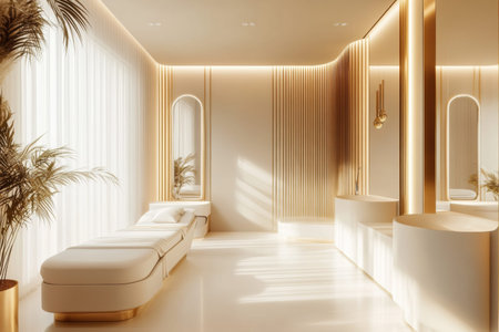 Natural light filters through sheer curtains, illuminating the serene space filled with modern furnishings and warm tones.の素材