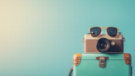 A retro camera is styled with yellow sunglasses, resting on a turquoise suitcase, creating a colorful and nostalgic atmosphere.の素材