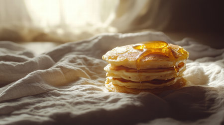 A tall stack of freshly made pancakes topped with syrup sits on a white cloth, basking in bright morning sunlight.の素材
